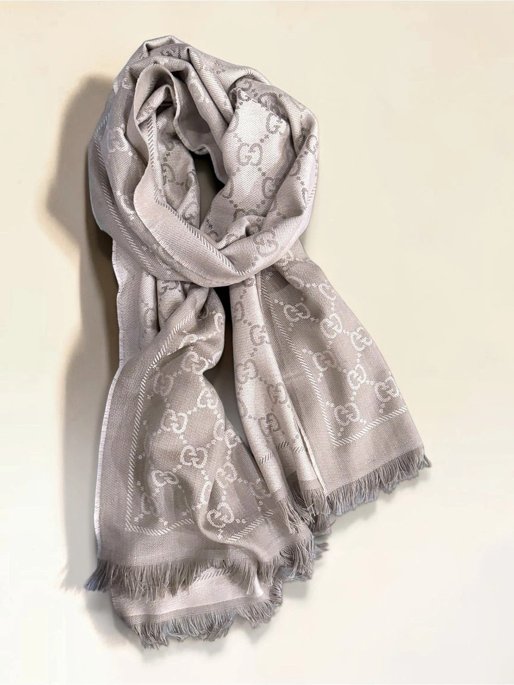 Preloved Gucci GG Jacquard Wool Silk Scarf Gray